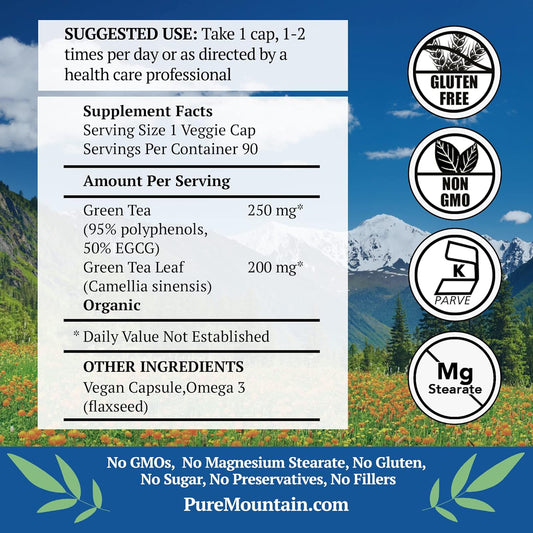 Green Tea Capsules - 90 Kosher Vegan Caps With 450Mg Organic Full Spectrum And Pure Green Tea Extract