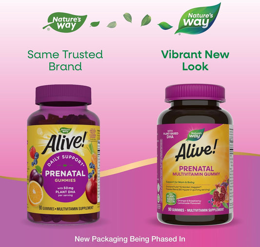 Nature'S Way Alive! Prenatal Gummies With Dha, Supports Baby'S Eye And Brain Development*, Orange And Raspberry Lemonade Flavored, 90 Gummies