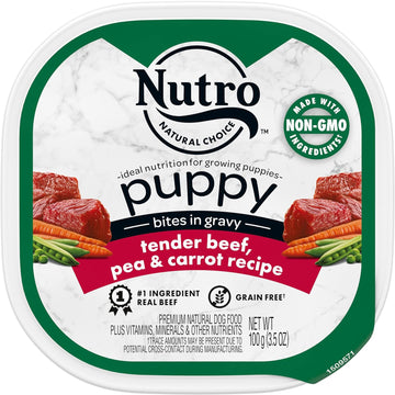 Nutro Puppy Grain Free Natural Wet Dog Food Bites In Gravy Tender Beef, Pea & Carrot Recipe, (24) 3.5 Oz. Trays