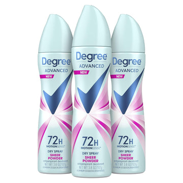 Degree Advanced Antiperspirant Deodorant Dry Spray 72-Hour Sweat and Odor Protection Sheer Powder Deodorant Spray For Women With MotionSense Technology 3.8 oz, Pack of 3
