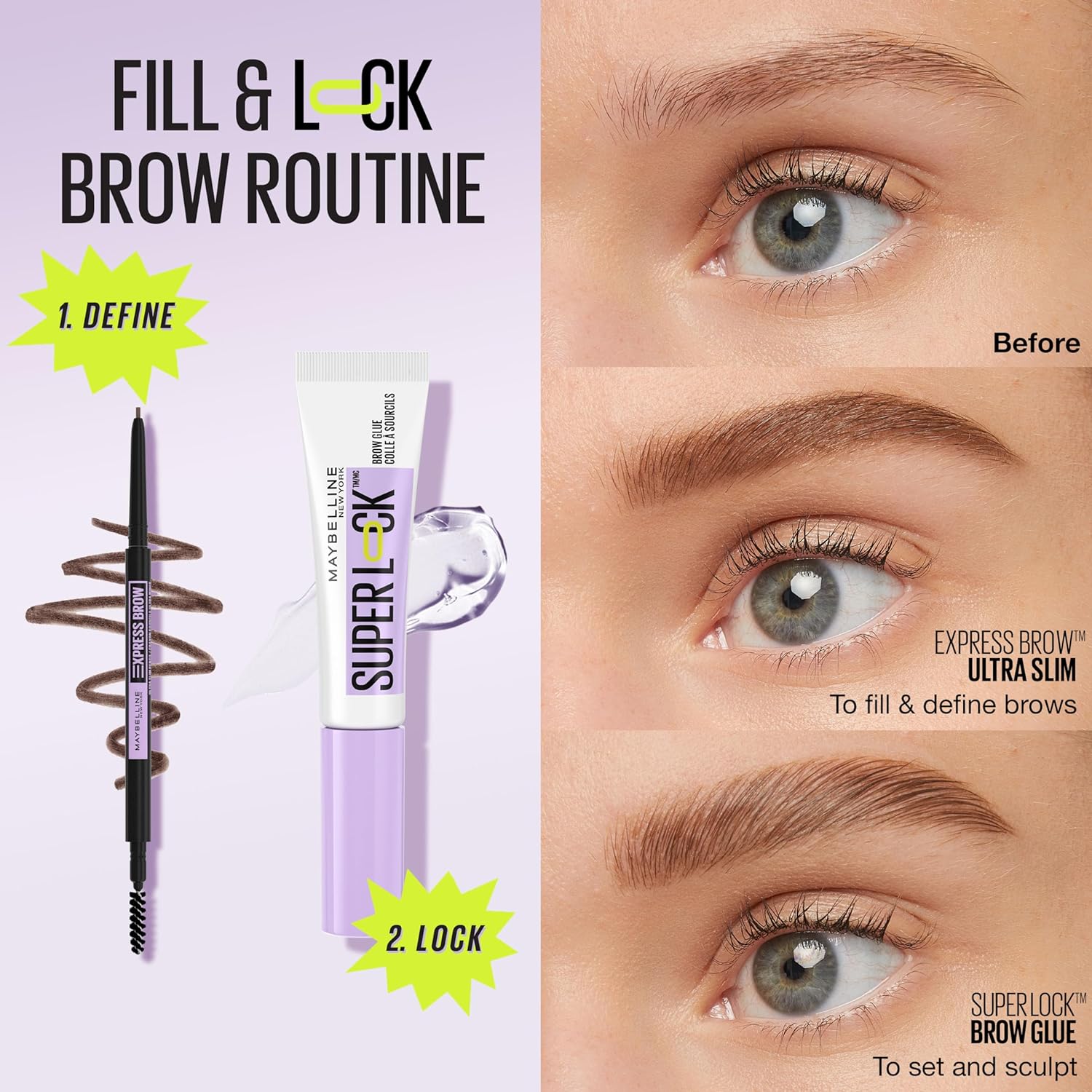 Maybelline Super Lock Brow Glue Eyebrow Gel, Lightweight Brow Gel For Up To 24HR Hold, Clear, 1 Count : Beauty & Personal Care