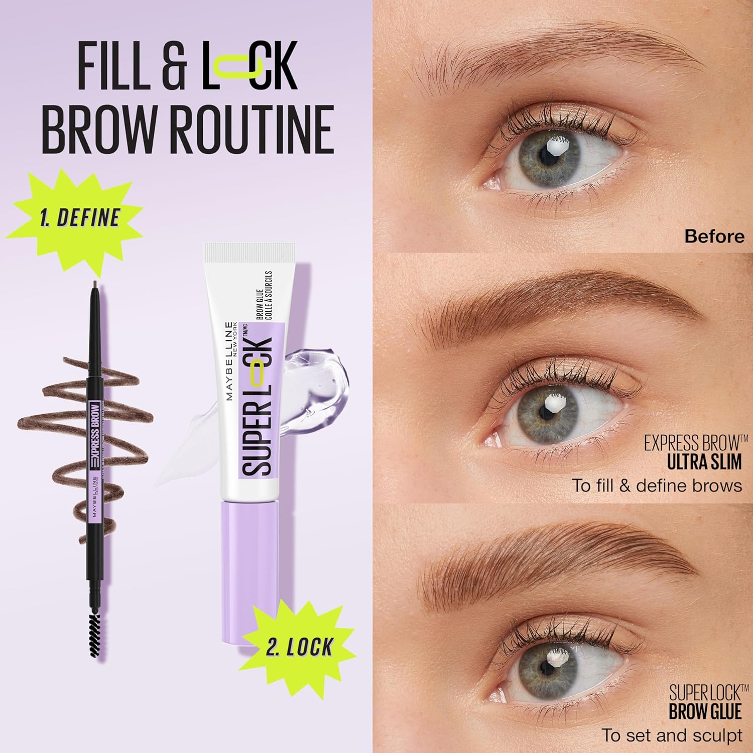 Maybelline Super Lock Brow Glue Eyebrow Gel, Lightweight And Waterproof Tinted Brow Gel For Up To 24Hr Hold, Medium Brown, 1 Count : Beauty & Personal Care