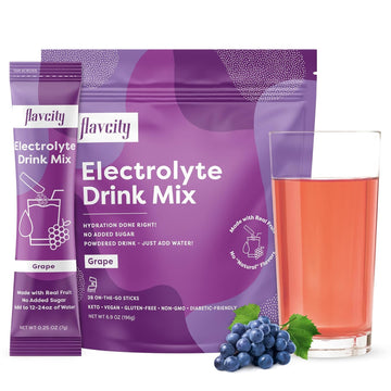 Flavcity Grape Electrolytes Drink Mix, 28 On-The-Go Stick Packs - Healthy Electrolytes Powder Packets Made With Real Fruit - Keto Powdered Drink With No Added Sugar, Gluten-Free