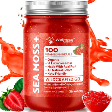 Irish Sea Moss Gel Organic Raw - Wildcrafted Superfood Seamoss Gel - Strawberry Flavor, Vitamin And Mineral-Rich From Pristine Caribbean Waters, Immune And Digestive Health Support - 10 Oz