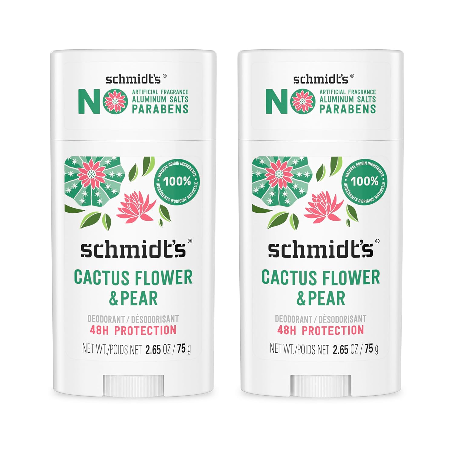 Schmidt'S Aluminum-Free Vegan Deodorant Cactus Flower & Pear With 24-Hour Odor Protection, 2 Count For Women And Men, Natural Ingredients, Cruelty-Free, 2.65 Oz