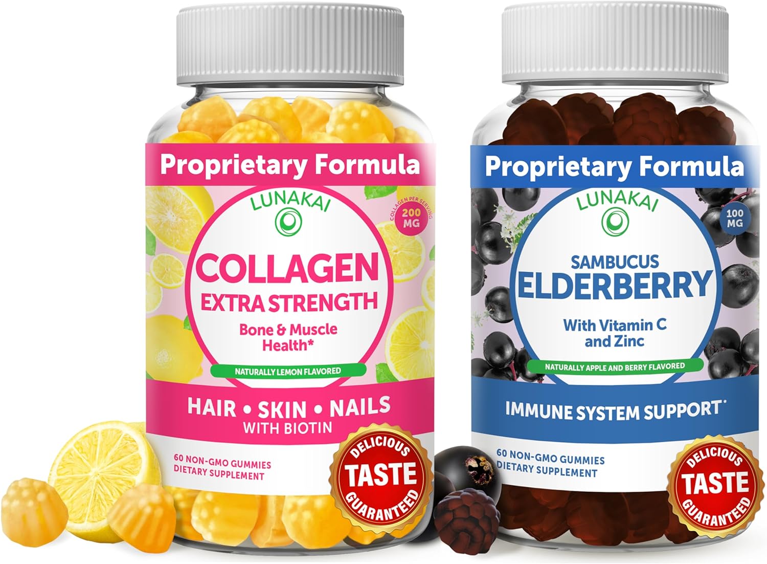 Collagen and Elderberry Gummies Bundle - Non-GMO, Gluten Free, No Corn Syrup, All Natural Supplements- 60 ct Collagen Gummies and 60 ct Elderberry Gummies - 30 Days Supply