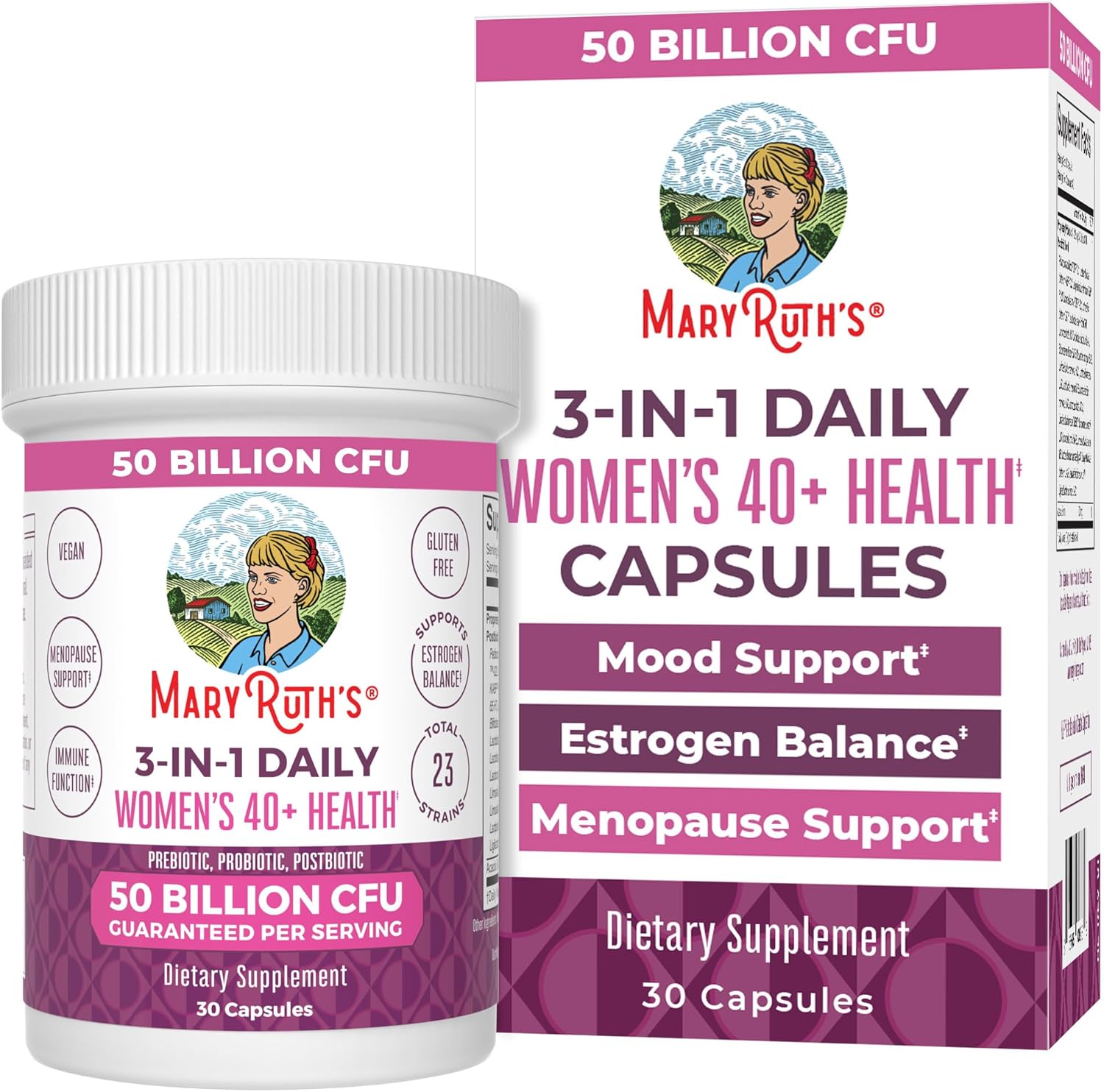 Maryruth Organics 3-In-1 Daily Health 40+ Probiotics For Women | Clinically Tested | Estrogen Supplement For Women | 50 Billion Cfu | Allergen Free | 30 Ct
