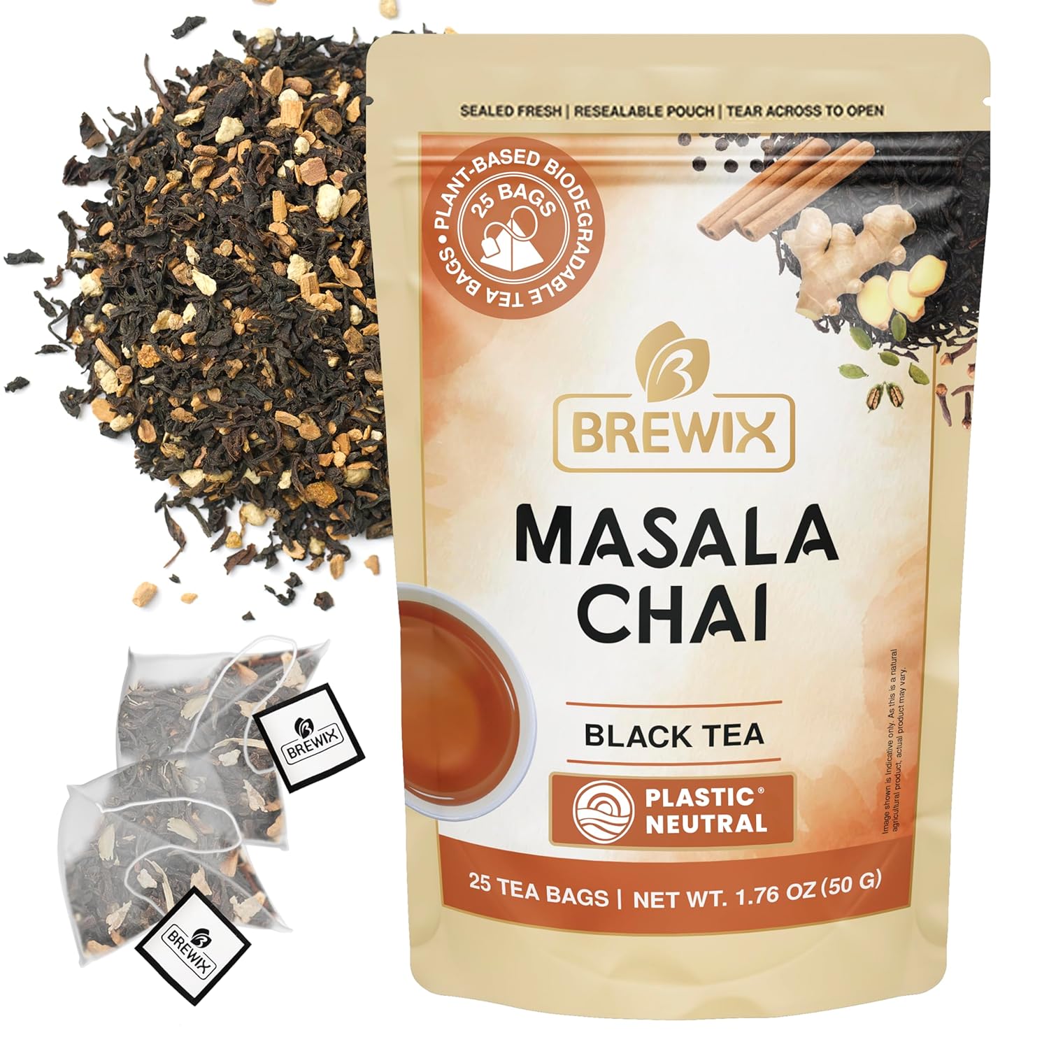 Brewix, Masala Chai Tea Bags (25 Pyramid Tea Bags) Strong, Robust & Spicy - Pure Ingredients | Black Tea, Cinnamon, Ginger, Black Pepper, Cardamom & Cloves, Packed In Resealable Ziplock Pouch