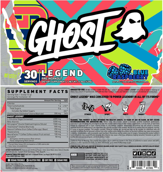 Ghost Legend V3 Pre-Workout Powder, Blue Raspberry - 30 Servings - Preworkout For Men & Women With Caffeine, L-Citrulline, & Beta Alanine For Energy & Focus - Free Of Soy, Sugar & Gluten, Vegan