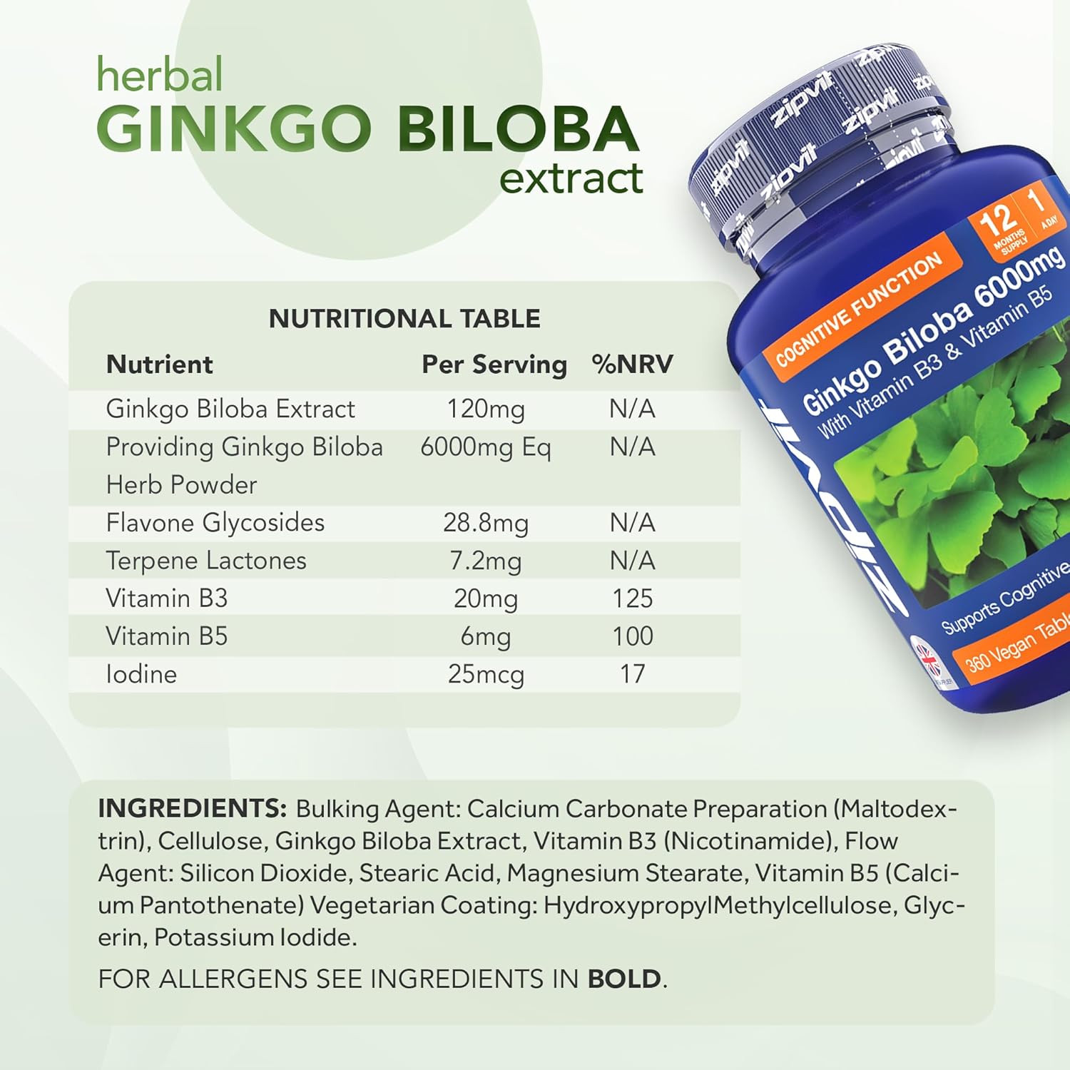 Zipvit High Strength Ginkgo Biloba 12000mg with Vitamins B3 & B5, 180 Vegan Tablets, Supports Memory, Focus, Brain Health & Cognitive Wellness, Standardised 50:1 Leaf Extract, 3 Months Supply. : Amazon.co.uk: Health & Personal Care
