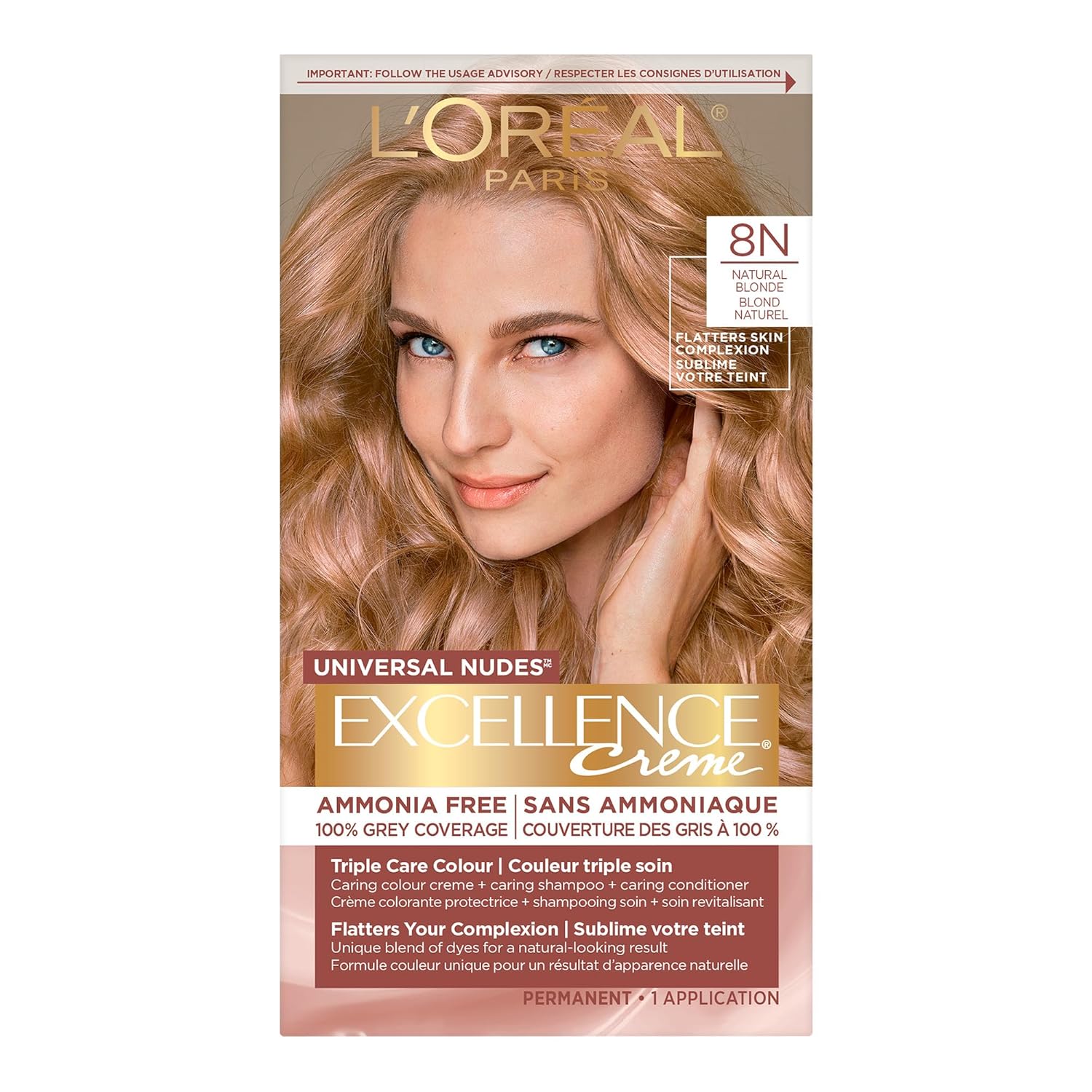 L’Oréal Paris Excellence Universal Nudes Permanent Hair Color, Ammonia Free Hair Dye For Gray Hair Coverage, 8N Natural Blonde, 1 Hair Dye Kit