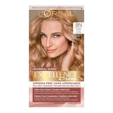 L’Oréal Paris Excellence Universal Nudes Permanent Hair Color, Ammonia Free Hair Dye For Gray Hair Coverage, 8N Natural Blonde, 1 Hair Dye Kit