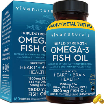 Viva Naturals Triple Strength Omega 3 Fish Oil Supplement - 2500 mg Fish Oil with Re-Esterified Omega 3 Fatty Acids including EPA, DHA DPA - 180 Pescatarian-Friendly Softgels