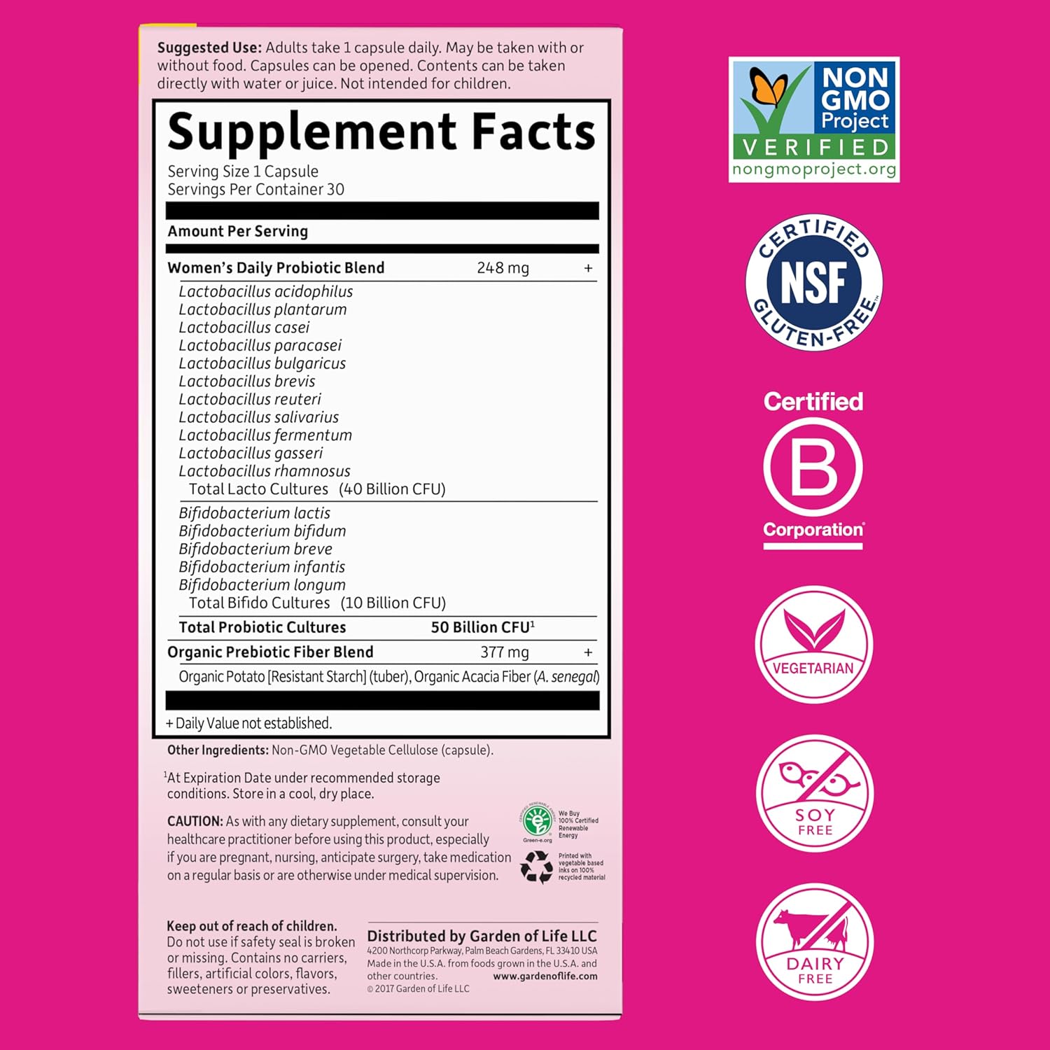 Garden Of Life Once Daily Dr. Formulated Probiotics For Women 50 Billion Cfu 16 Probiotic Strains With Organic Prebiotics For Digestive, Vaginal & Immune Health, Dairy Free, Shelf Stable 30 Capsules : Health & Household