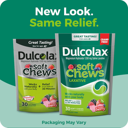 Dulcolax Saline Laxative Soft Chews, Gentle Constipation Relief, Mixed Berry Flavor, Magnesium Hydroxide 1200 Mg, 30 Count