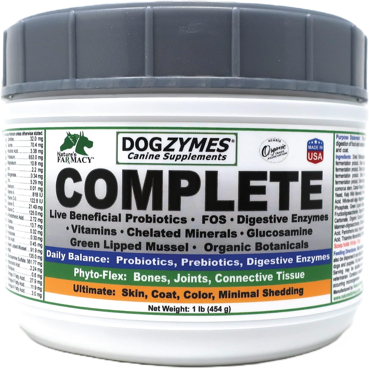Dogzymes Complete - Probiotics, prebiotics, Glucosamine, Chondroitin, MSM and Hyaluronic Acid, Complete Skin and Coat Care (1 Pound)