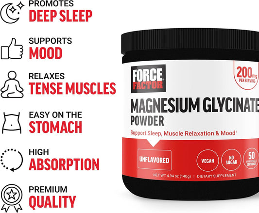 Force Factor Magnesium Glycinate 200Mg, Magnesium Supplement For Women And Men To Support Sleep, Muscle Relaxation, And Mood, High Absorption, Vegan, 50 Servings