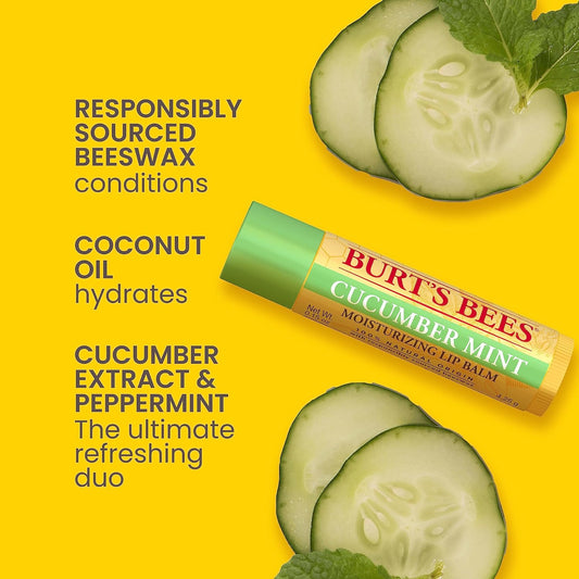 Burt'S Bees Lip Balm Mothers Day Gifts For Mom - Original Beeswax, Cucumber Mint, Watermelon & Sweet Mandarin, With Responsibly Sourced Beeswax, Tint-Free, Natural Origin Treatment, 4 Tubes, 0.15 Oz