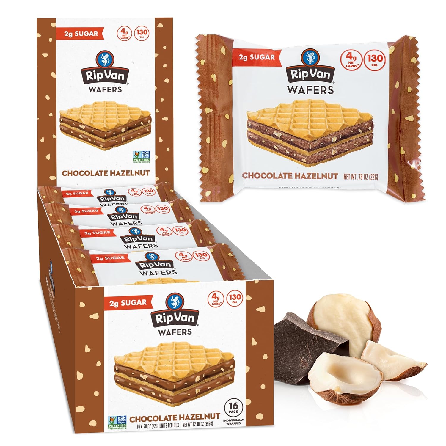 Rip Van Chocolate Hazelnut Wafer Cookies, Keto, Non-Gmo, Healthy Snacks, Low Carb & Low Sugar (2G), Low Calorie, Vegan, 16 Count