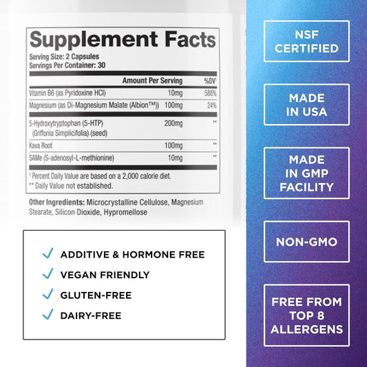 200 Mg 5-Htp Elite With Kava Root Extract, Magnesium & Sam-E To Maintain Normal Healthy Sleep & Create A Sense Of Wellbeing - 5Htp Supplement With Vitamin B6 - 60 Capsules, 30 Servings