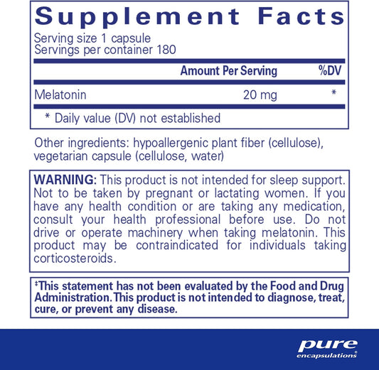 Pure Encapsulations Melatonin 20 Mg - Not Intended For Sleep Support - For Immune System & Healthy Cells - 99.5% Purity Melatonin - Gluten Free & Non-Gmo - 180 Capsules