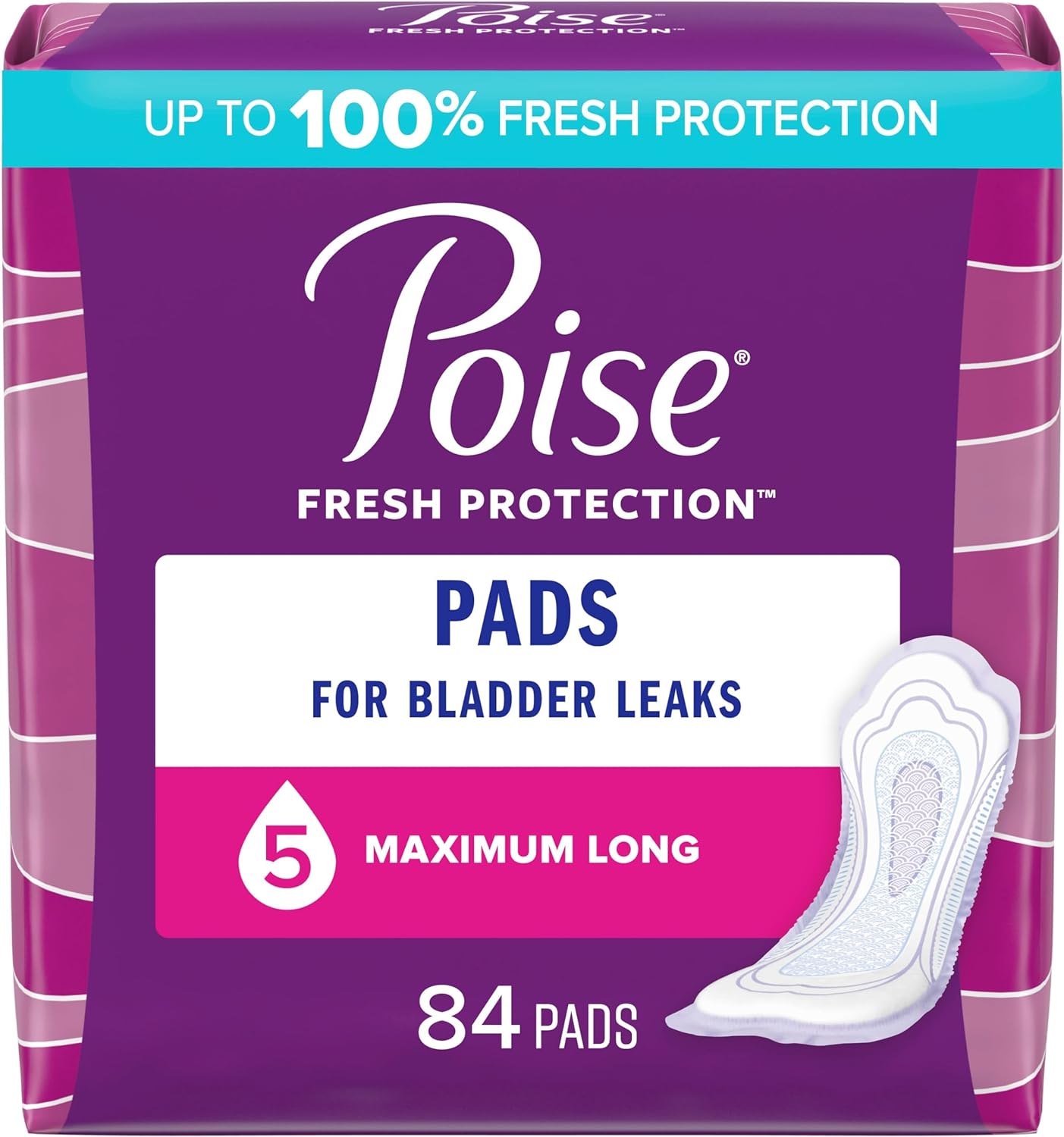 Poise Incontinence Pads & Postpartum Incontinence Pads, 5 Drop Maximum Absorbency, Long Length, 84 Count (2 Packs of 42), Packaging May Vary