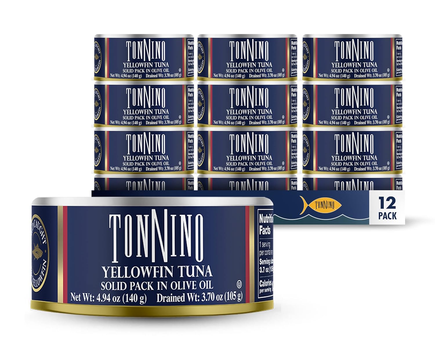 Tonnino Tuna Fillets Low Calorie and Gluten Free Yellowfin Canend Premium Tuna in Olive Oil 4 Oz [12 pack]