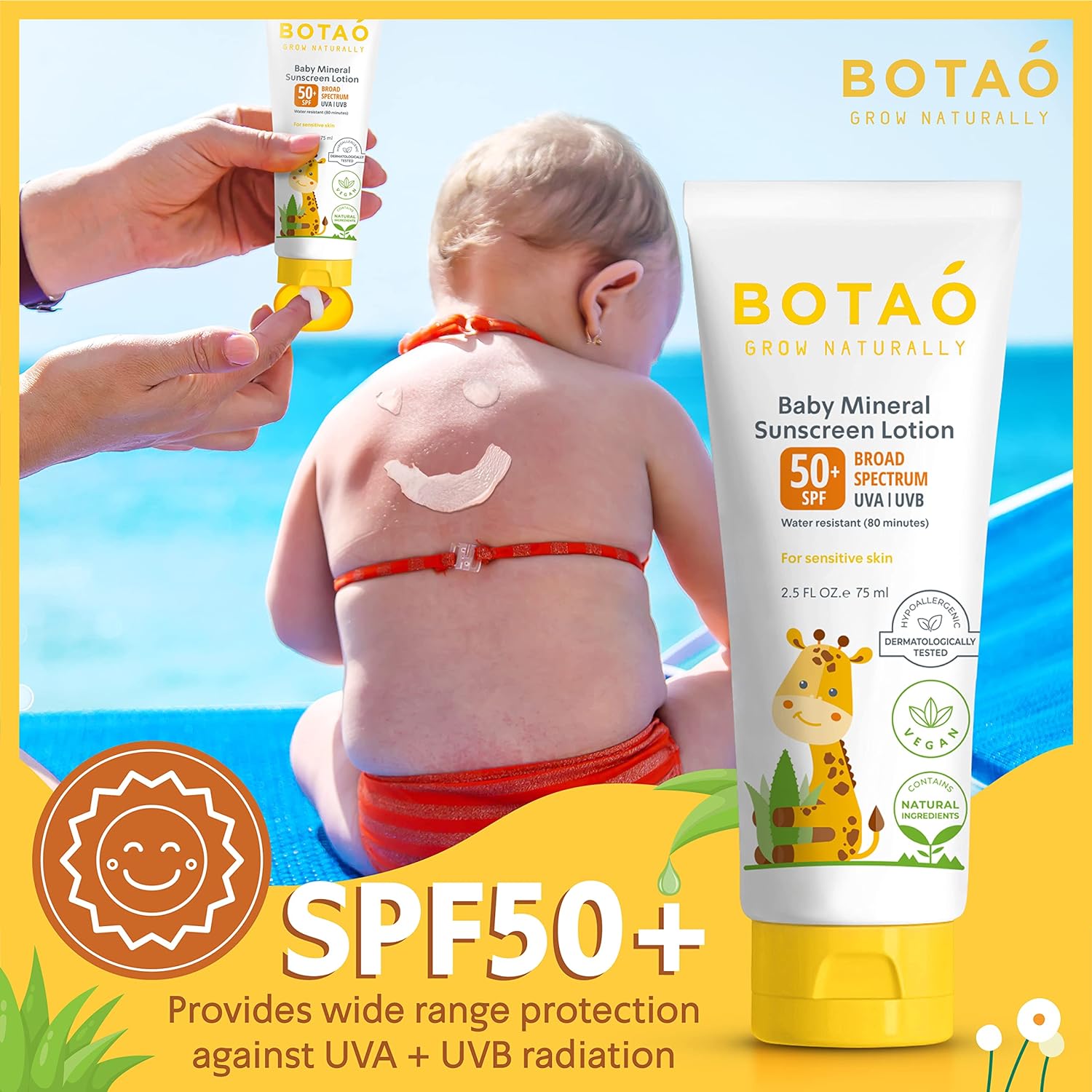 Botao Baby 100% mineral Zinc Oxide baby sunscreen – safe natural sunblock lotion for babies: SPF50 Broad Spectrum UVA UVB,For sensitive skin Baby Face Body Protection, Sunblock Cream 2.5 Oz : Baby