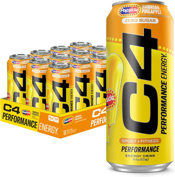 C4 Energy Drink X Hawaiian Pineapple Popsicle, Carbonated Sugar Free Pre Workout Performance Drink With No Artificial Colors Or Dyes, 16 Oz, Pack Of 12