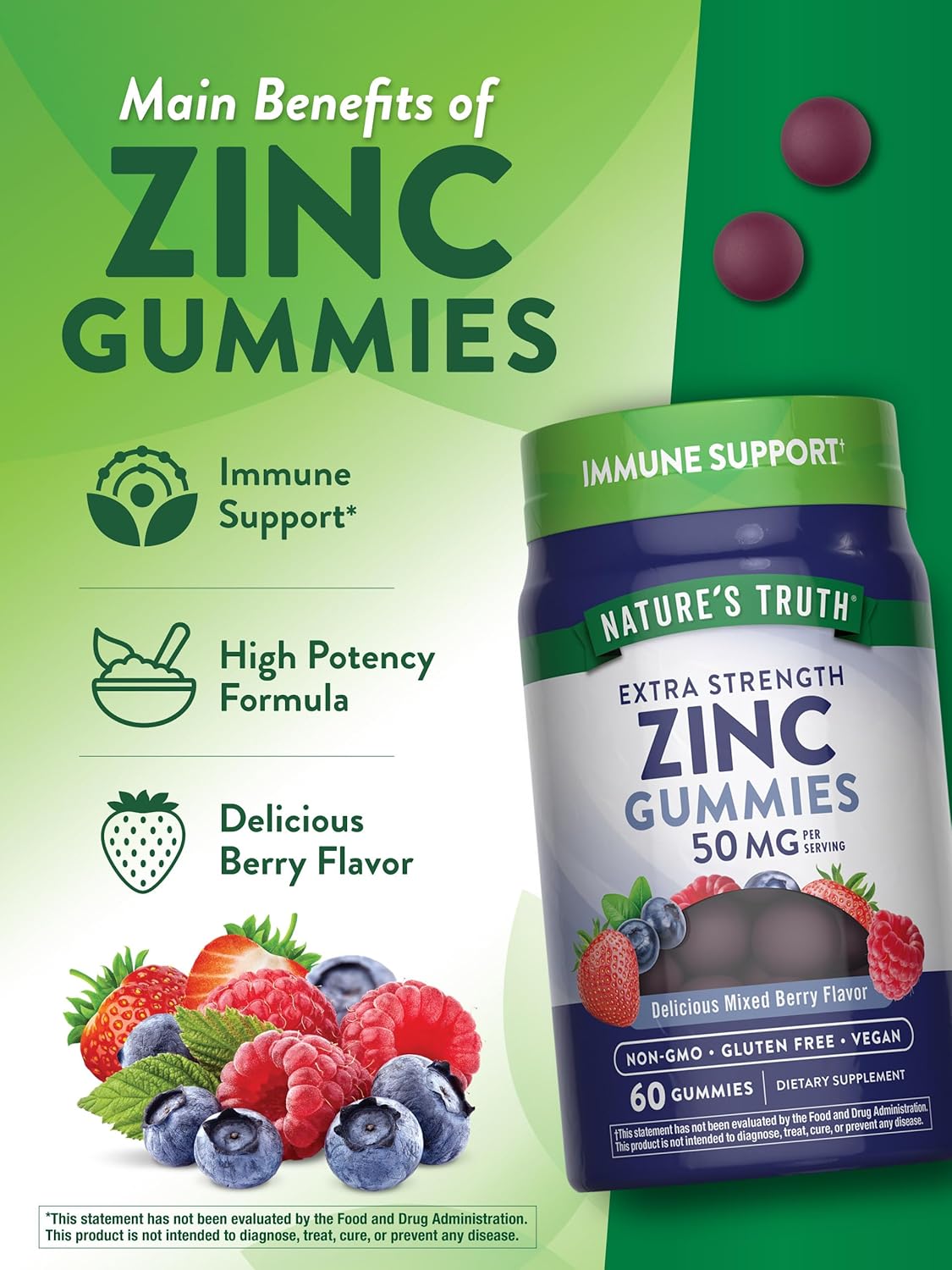 Nature's Truth Zinc Gummies for Adults | 50 mg | 60 Count | Vegan, Non-GMO & Gluten Free Extra Strength Supplement | Mixed Berry Flavor : Health & Household