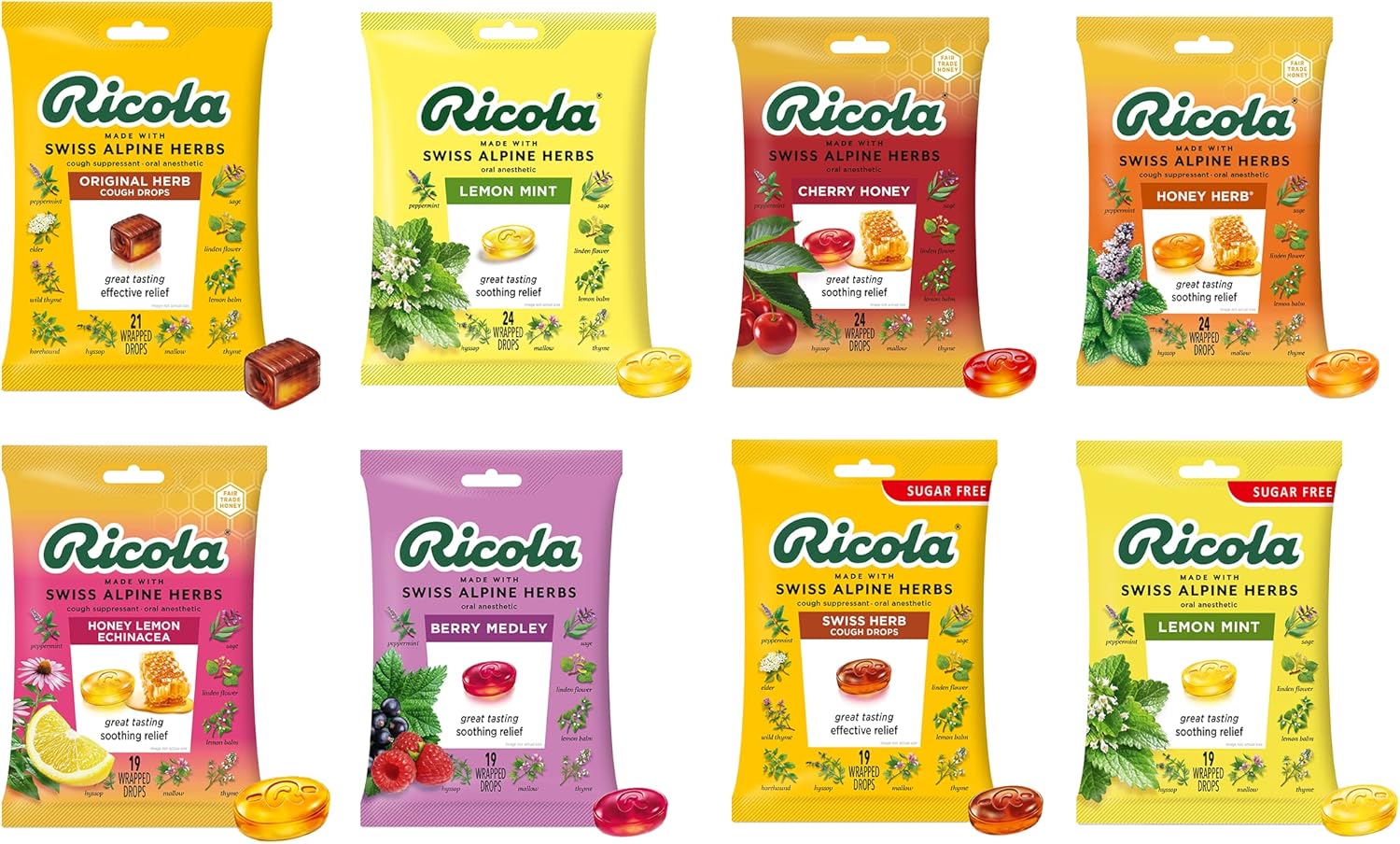 Ricola All Avors - Original, Lemon Mint, Cherry Honey, Honey Herb, Echinacea Honey Lemon, Berry Medley, Sugar Free Swiss Herb, Sugar Free Lemon Mint - Bulk Variety Pack - Pack Of 8