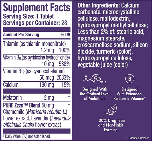 Vicks ZzzQuil PURE Zzzs Sleep+ Next Day Energy Extended Release Tablets, Immediate Release Melatonin, Extended Release B-Vitamins B1, B6, B12, Wake Up Ready to Take on the Day, Count 2x28