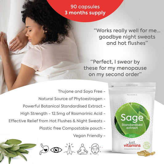 Sage Tablets 3000mg - 90 Vegan Capsules, 3 Month Supply - High Strength Sage Leaf Extract for Hot flushes, Night Sweats and Menopause, Providing 12.5mg of Rosmarinc Acid, UK Made Just Vitamins