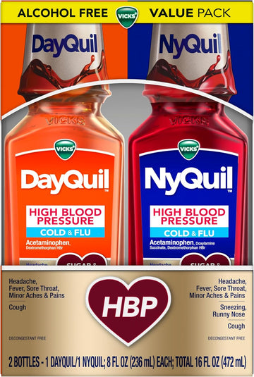 Vicks Dayquil & Nyquil High Blood Pressure Cold And Flu Medicine, Powerful Multi-Symptom Day Or Night Relief For Cold, Cough, And Flu Symptoms, Sugar & Alcohol Free, 2 X 8 Fl Oz Bottles