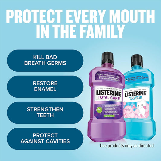 Listerine Total Care Fresh Mint Anticavity Fluoride Mouthwash For Adults And Smart Rinse Alcohol-Free Anticavity Sodium Fluoride Bubble Gum Mouthwash For Kids, Convenience Pack, 2 X 500 Ml