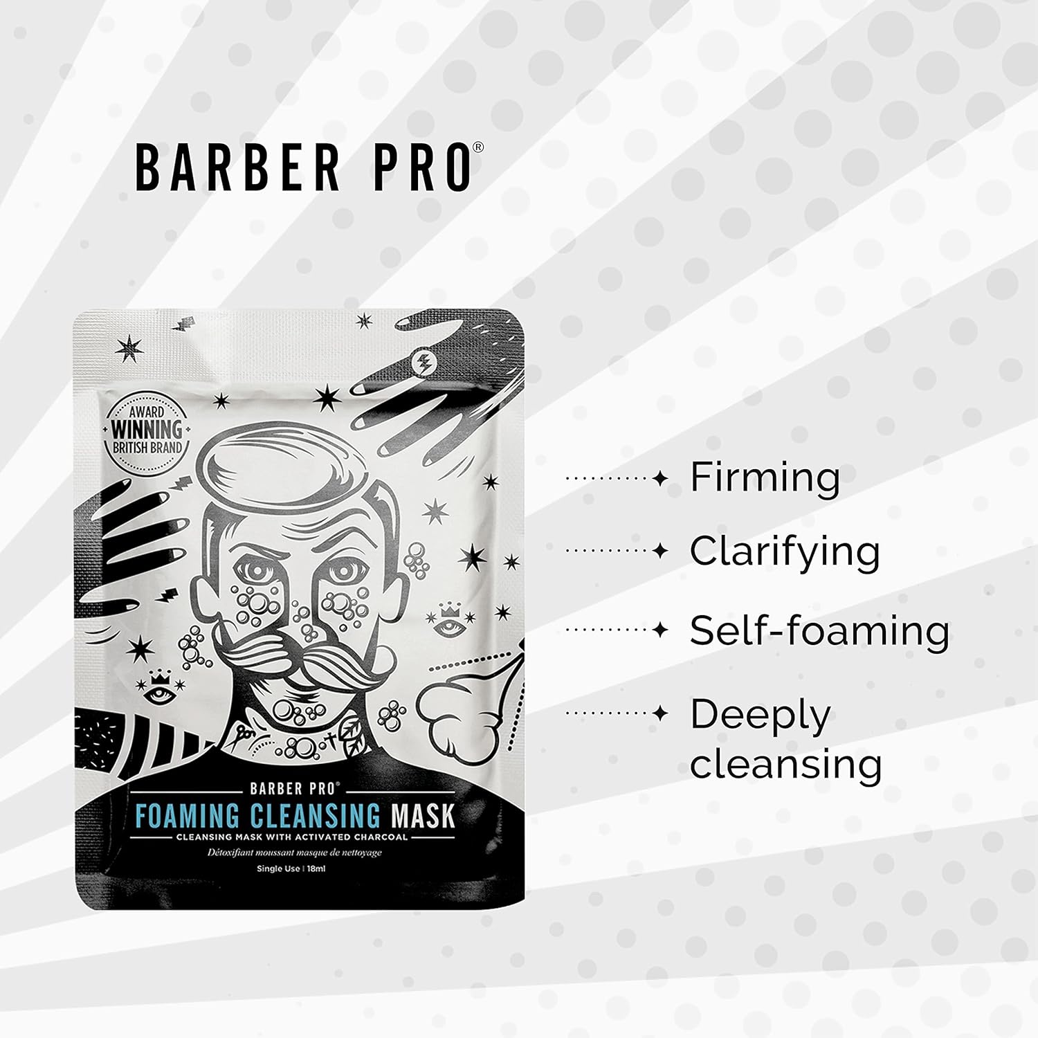 BARBER PRO Mens Face Mask Self Foaming Deep Cleanse Sheet Activated Charcoal Firming Purifying Clarifying Pores Tackles Blackheads Natural Vegan Skincare Multi Award Winning Brand : Amazon.co.uk: Beauty