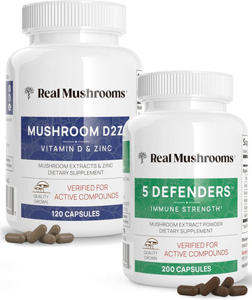 Real Mushrooms Vitamin D2, Zinc (120Ct) And 5 Defenders (200Ct) Bundle - With Turkey Tail, Shiitake, Reishi, Chaga, Maitake - Natural Immune Strength Supplement - Vegan, Gluten Free, Non-Gmo