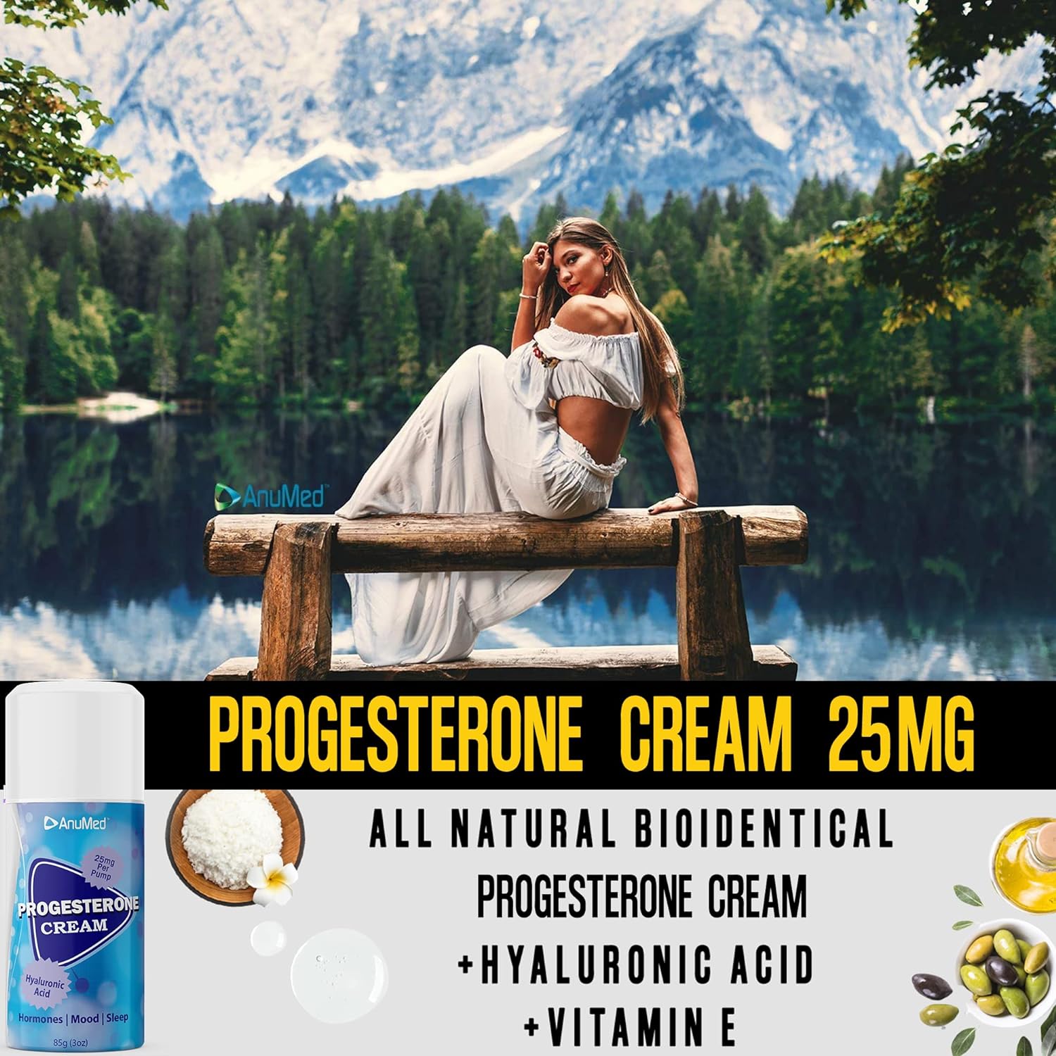 ANUMED - All Natural (P25) Bioidentical Progesterone Cream 1750mg (2.5%) with Hyaluronic Acid and E for Beautiful Skin Care During Menopause Relief. Balancing Cream for Mood Swings, 3oz (Package May : Health & Household