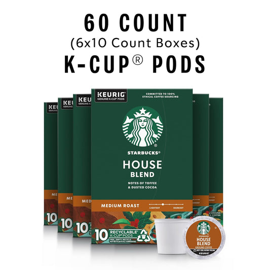 Starbucks K-Cup Coffee Pods, Medium Roast Coffee, House Blend for Keurig Brewers, 100% Arabica, 6 boxes (60 pods total)