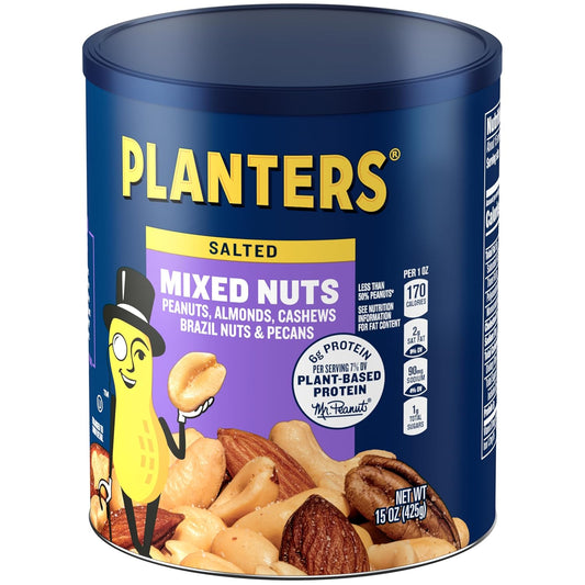 Planters Mixed Nuts (15 Oz Canister) - Variety Mixed Nuts With Less Than 50% Peanuts With Peanuts, Almonds, Cashews, Hazelnuts & Pecans