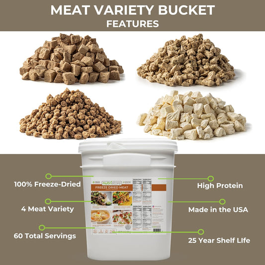 Nutristore Emergency Buckets | Premium Freeze-Dried Meats | 25-Year Shelf Life | Made in USA | Emergency Survival Food Supply | 60 Large Servings