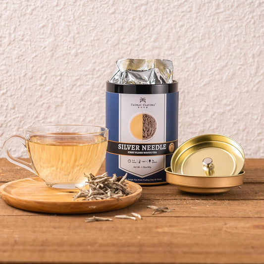 Taimei Teatime Silver Needle White Tea Loose Leaf, Organically Grown Chinese Fuding Premium Loose White Tea Leaves - Bai Hao Yin Zhen Tea, Low Caffeine, High Antioxidant, In Tin
