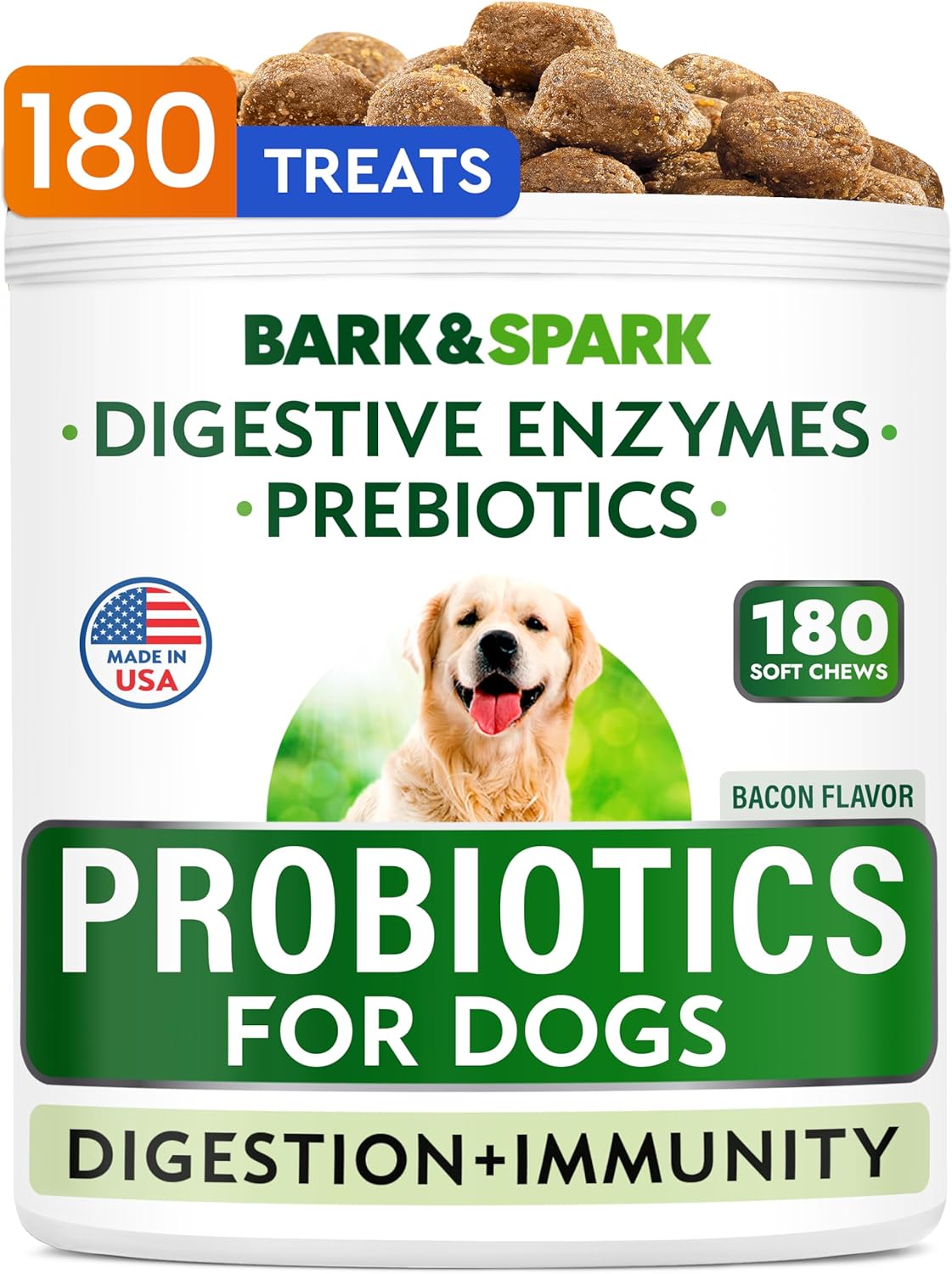 Bark&Spark Dog Probiotics & Digestive Enzymes (Gut Health) Allergy & Itchy Skin - Pet Diarrhea Gas Treatment Upset Stomach Relief Pill, Digestion Health Prebiotic Supplement Tummy Treat (180Ct Bacon)