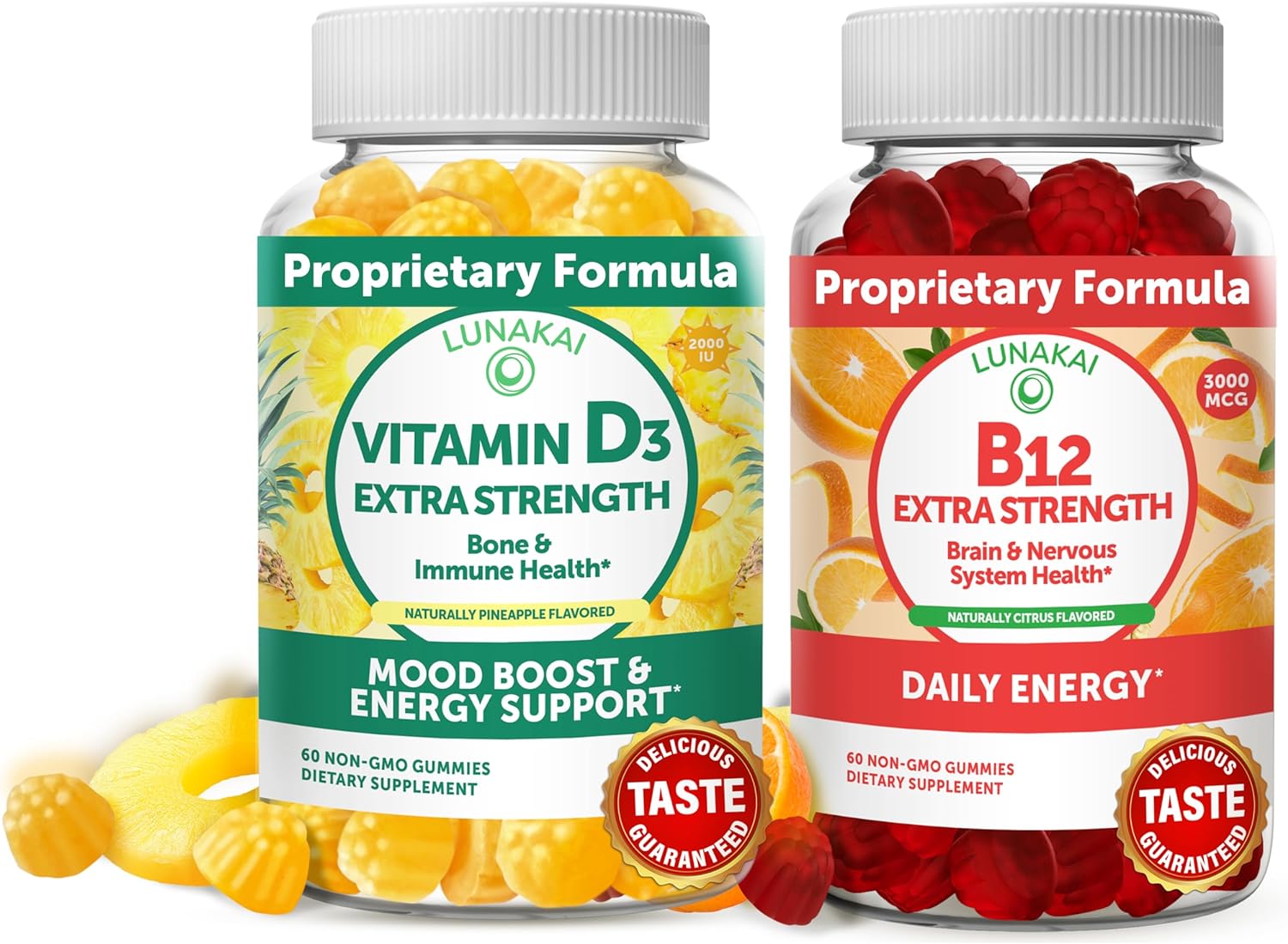 Vitamin D3 and Vitamin B12 Gummies Bundle - Non-GMO, Gluten Free, No Corn Syrup, All Natural Supplements- 60 ct Vitamin D3 Gummies and 60 ct Vitamin B12 Gummies - 30 Days Supply