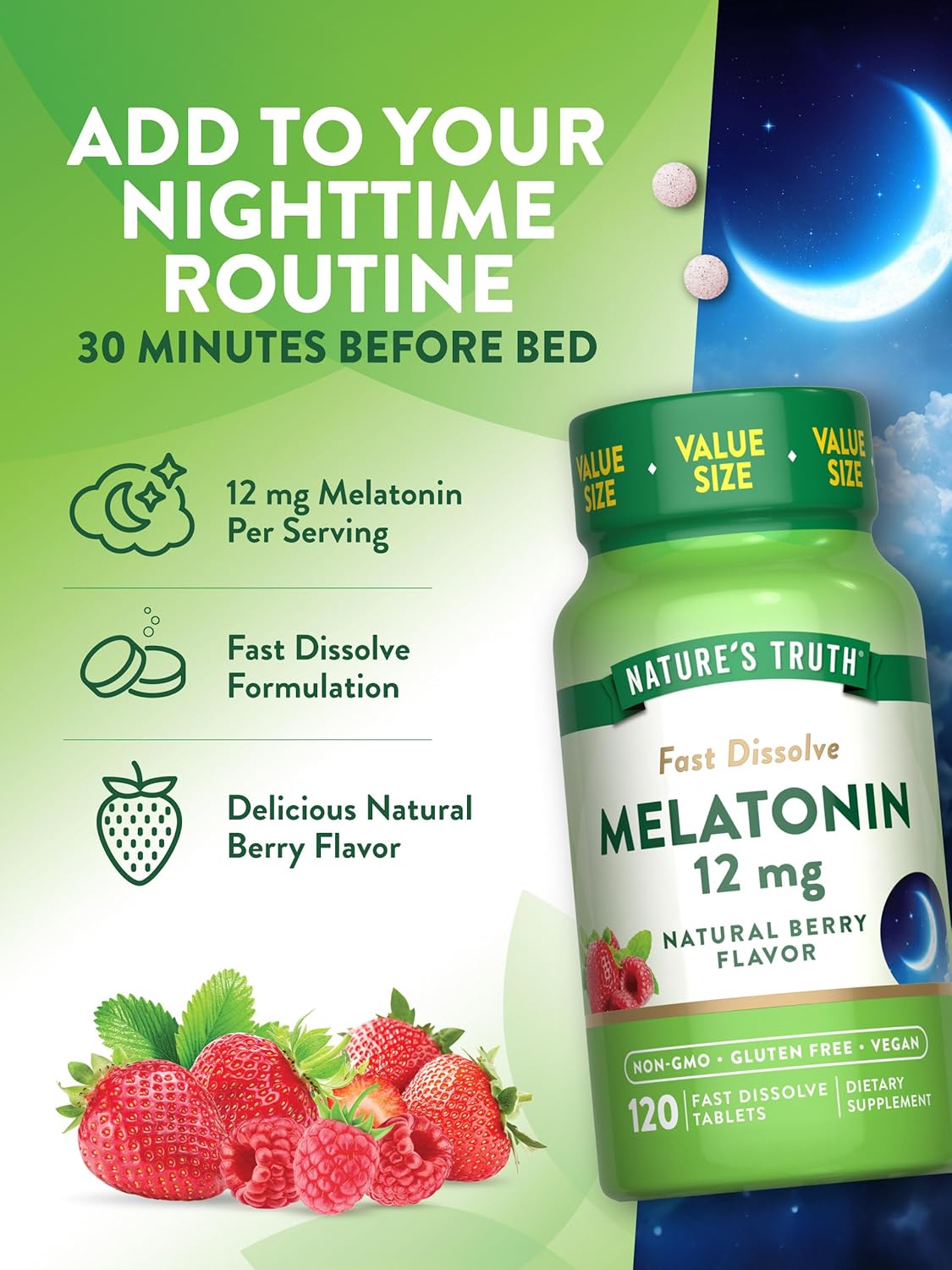 Melatonin Fast Dissolve | 12mg | 120 Tablets | Natural Berry Flavor | Vegan, Non-GMO & Gluten Free Supplement | by Nature's Truth : Health & Household