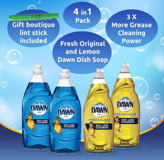 Dawn Dishwashing Liquid Dish Soap, 7.5 Ounce Squeeze Bottle Assorted Scents- Fresh Original and Lemon Dawn Dish Soap with Gift Boutique Lint Stick, 4 Pack