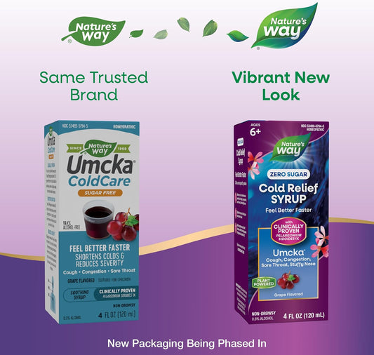 Nature'S Way Cold Relief Zero Sugar Syrup, Umcka, Homeopathic, Shortens Colds, Sore Throat, Cough, Congestion, And Stuffy Nose, Phenylephrine Free, Grape Flavored, 4 Fl Oz (Packaging May Vary)