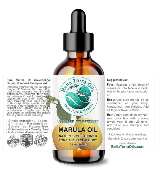 Bella Terra Oils - Marula Facial Oil 2 oz - Rich in Vitamin E & Omega Fatty Acids, Luxurious Oil for Radiant Skin, Cold-Pressed Essence