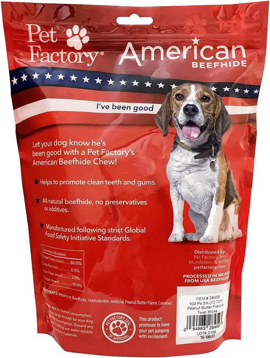 Pet Factory American Beefhide 5" Twist Sticks Dog Chew Treats - Peanut Butter Flavor, 1 Lb
