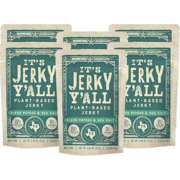 It's Jerky Y'all Plant Based Jerky SEA SALT & PEPPER | Beyond Tender and Tasty Vegan Snacks | Non-GMO, Gluten Free, Vegetarian (6 Pack)